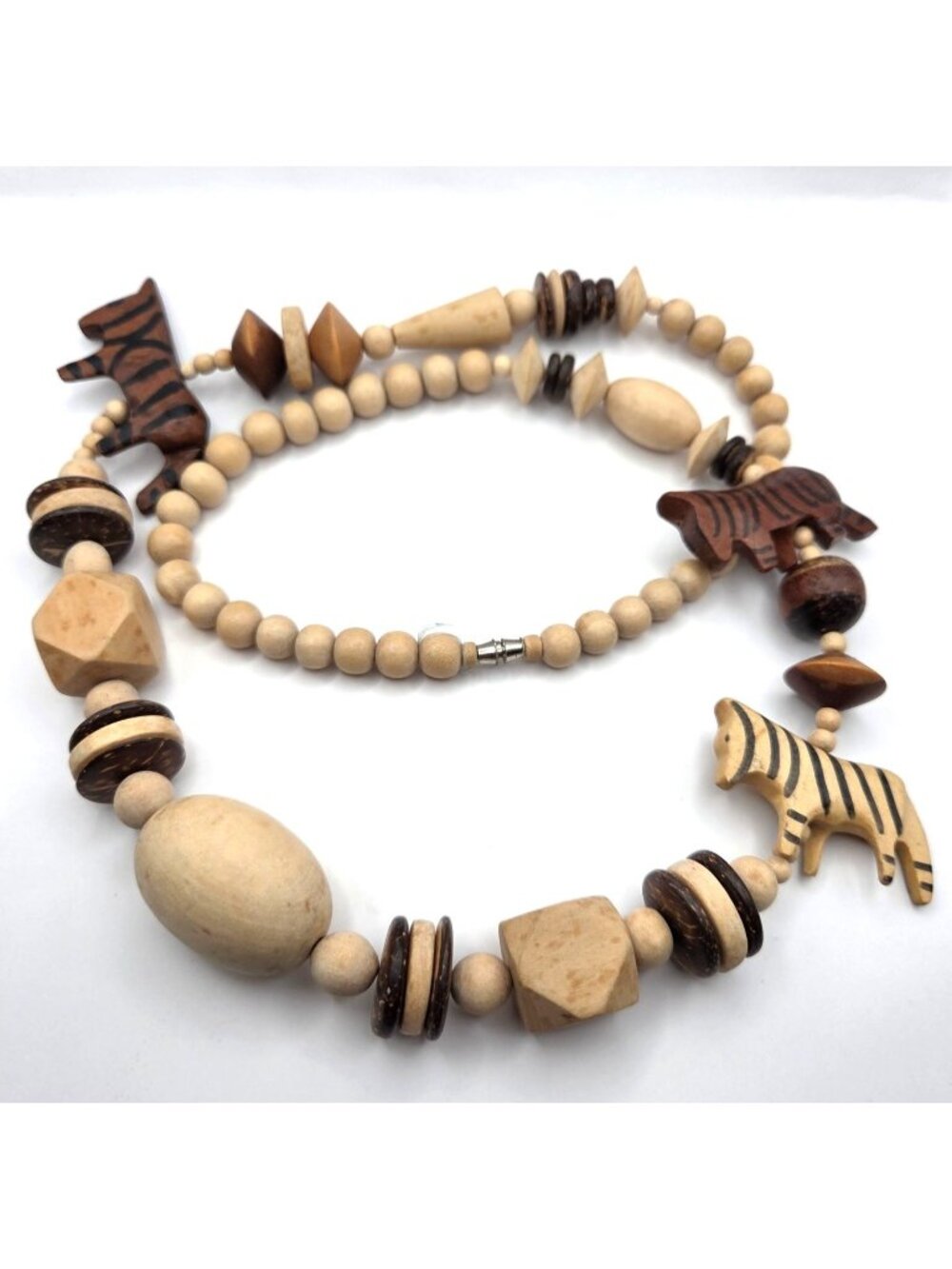 Wooden Bead Necklace With Animal Figures   - Natural & Brown Tones